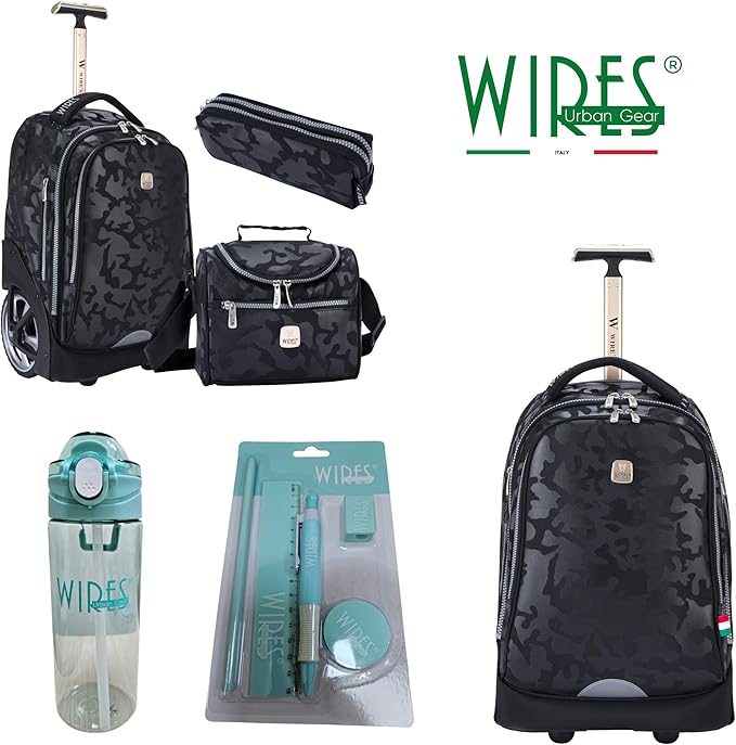 WIRES Trolley School bag 3 PCS set All in One Incloude Pencil case, Lunch bag and trolley bag, Water resistant Fabric, Anti Theft Zipper, Laptop Compartment W24539