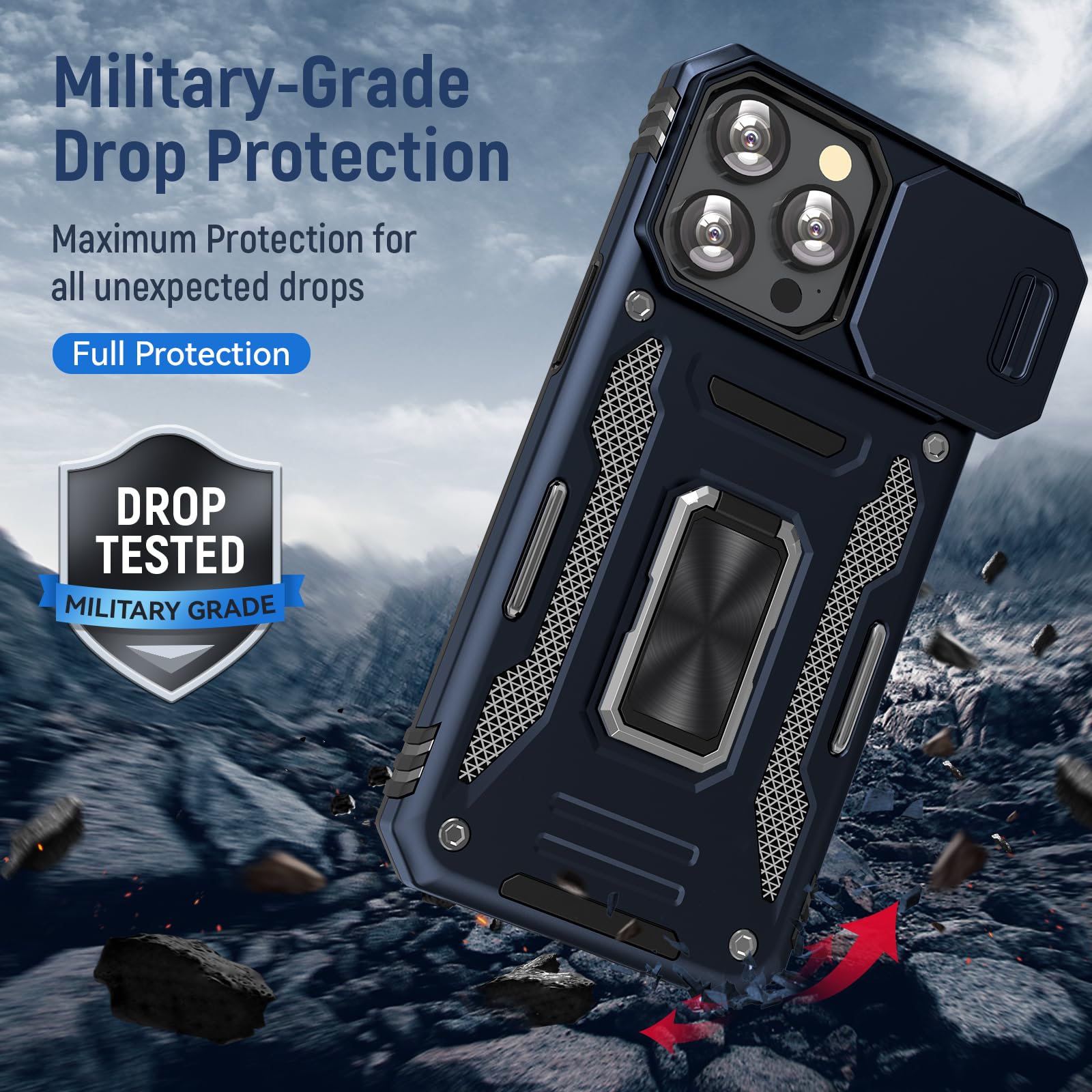 UKLCCU Phone Case for iPhone 15 Pro Case iPhone 15 Pro Phone Case for Men with Camera Protector & Kickstand, Built-in 360°Rotate Ring Stand for iPhone 15 Pro - Blue