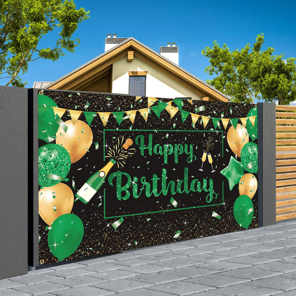 Green Black Gold Birthday Party Decoration Banner, Green Black Happy Birthday Backdrop Banner, Large Green Black Gold Birthday Banner Photography Background Party Decoration for Men Women Boys Girls