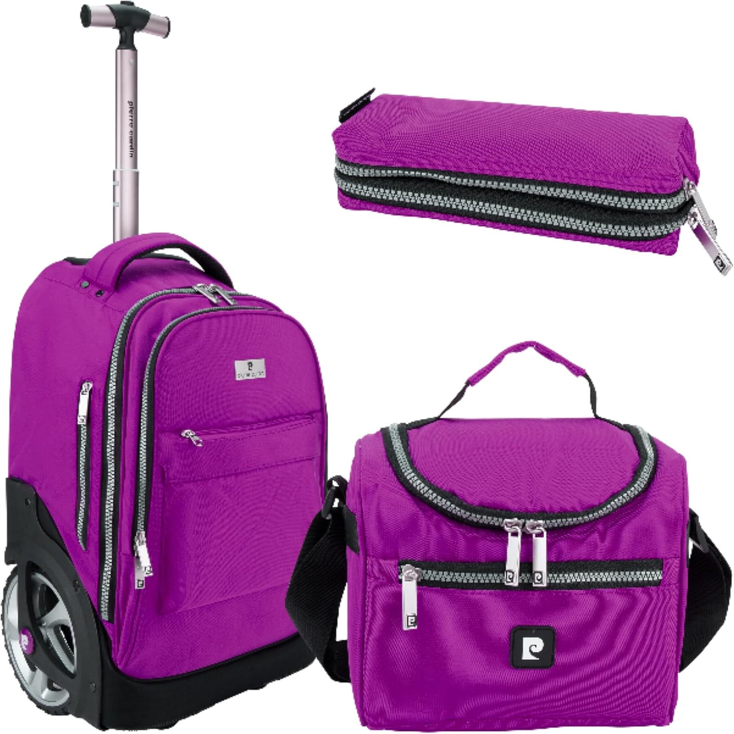 Pierre Cardin Trolley backpack School bag 3 PCS set All in One 2 BIG WHEEL Rolling Backpack Include Pencil case, Lunch bag and trolley backpack UNISEX PC87067-Purple