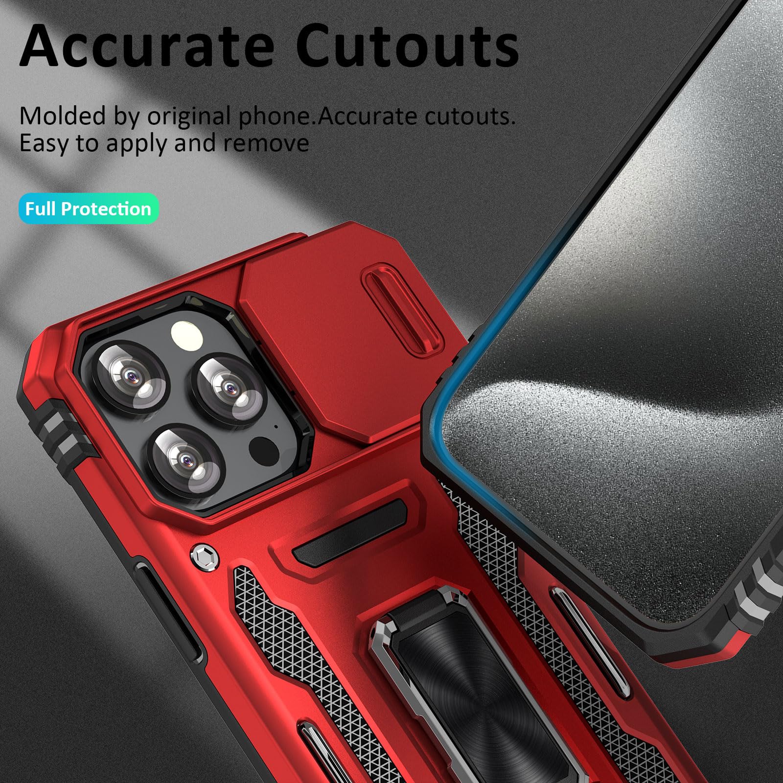 جراب UKLCCU لهاتف iPhone 15 Pro جراب iPhone 15 Pro مع غطاء كاميرا منزلق وحامل مدمج يدور 360 درجة لهاتف iPhone 15 Pro - أحمر