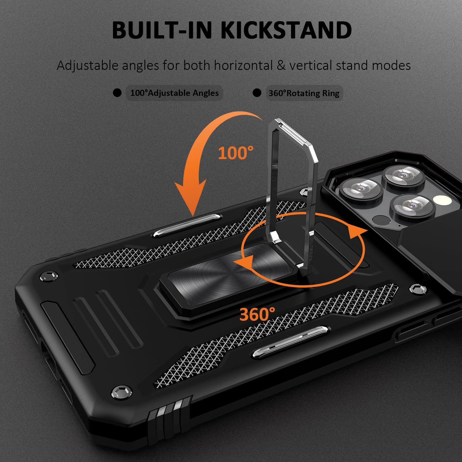 UKLCCU Case for iPhone 15 Pro Phone Case iPhone 15 Pro Case for Men Heavy Duty Armor Case with Slide Camera Cover, with Kickstand and Ring for iPhone 15 Pro - Black