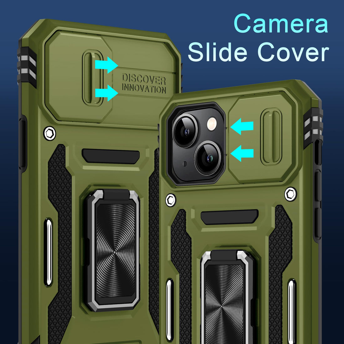 BAHAHOUSES Case for iPhone 15 with Slide Camera Cover, Rotated Ring Kickstand Military Grade Shockproof Protective Cover-Olive Green