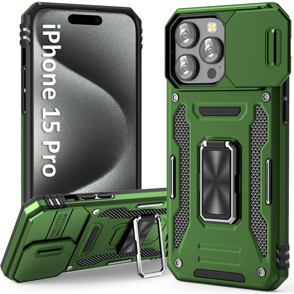 جراب UKLCCU لهاتف iPhone 15 Pro جراب iPhone 15 Pro للرجال مع غطاء كاميرا منزلق، حامل حلقي مدمج يدور 360 درجة لهاتف iPhone 15 Pro - أخضر زيتوني
