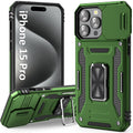 جراب UKLCCU لهاتف iPhone 15 Pro جراب iPhone 15 Pro للرجال مع غطاء كاميرا منزلق، حامل حلقي مدمج يدور 360 درجة لهاتف iPhone 15 Pro - أخضر زيتوني
