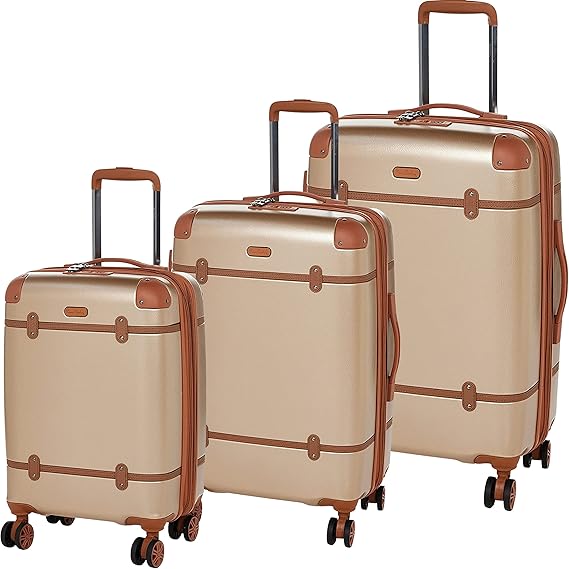 Pierre Cardin Classic Luggage Lightweight Suitcase for travel, TSA Approved, ANTI Theft Double Zipper Lock (Set of 3, Champagne)