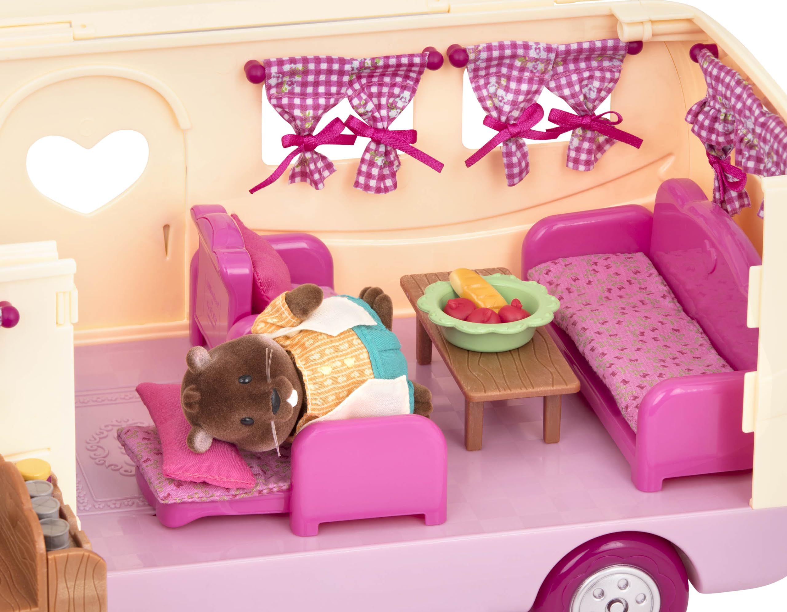 Li’l Woodzeez – Happy Camper Pink with Detachable Toy Vehicle – 40 Pcs Dollhouse Playset Including Furnitures, Play Food & Kitchen Accessories for Kids Age 3+ – Doll Figures Sold Seperately