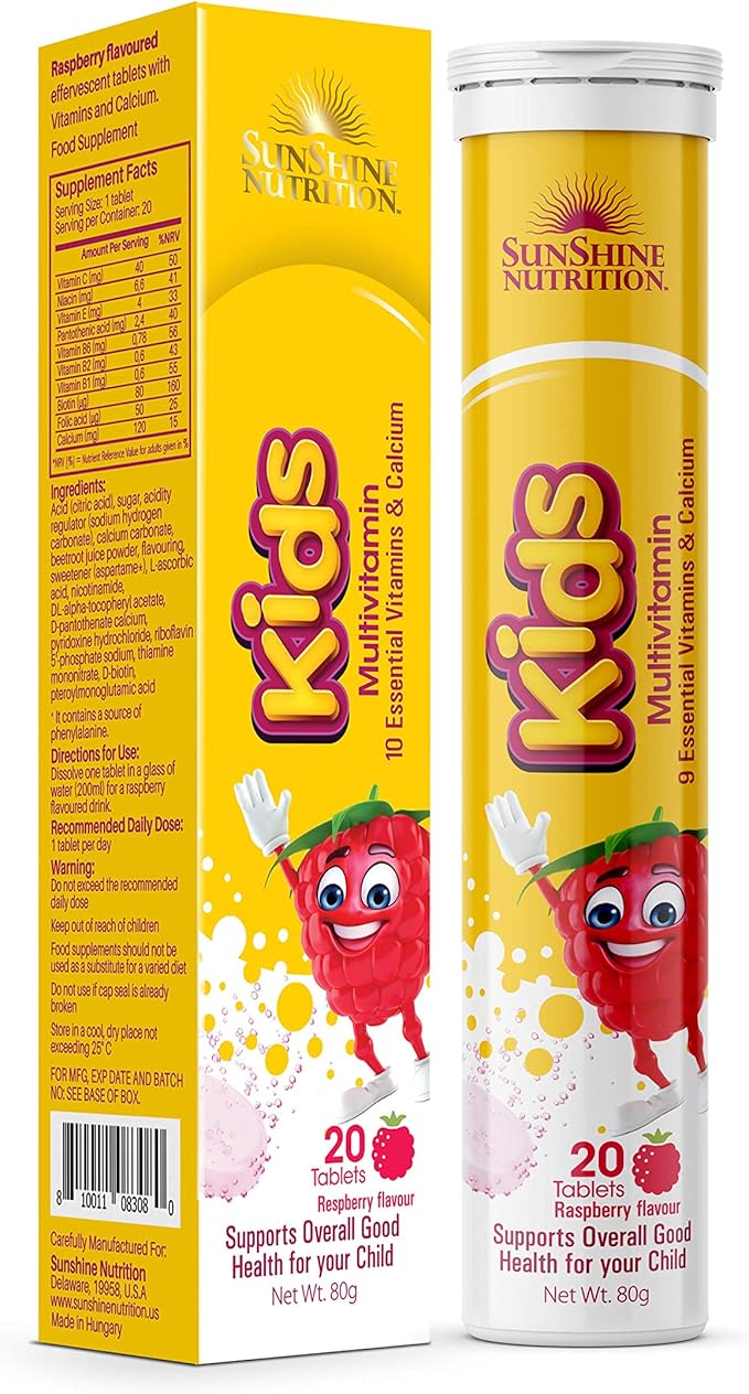 Sunshine Nutrition Kids Multivitamins Effervescent 20 Tablets | With 10 Essential Vitamins & Calcium | Raspberry Flavor