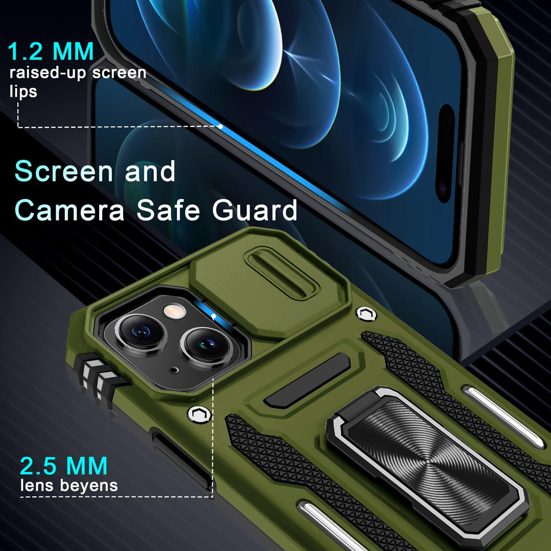 BAHAHOUSES Case for iPhone 15 with Slide Camera Cover, Rotated Ring Kickstand Military Grade Shockproof Protective Cover-Olive Green
