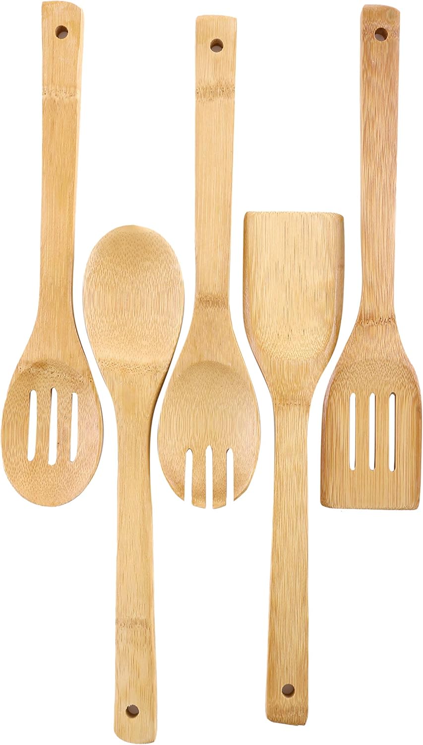 Royalford 5 Pcs Bamboo Kitchen Tools Set - Wooden Solid Turner, Spatula, Slotted Spoon & Turner Kitchen Essentials Cooking Utensils Tool Set | Cutlery Set for Natural and Eco-Friendly Cooking Tools