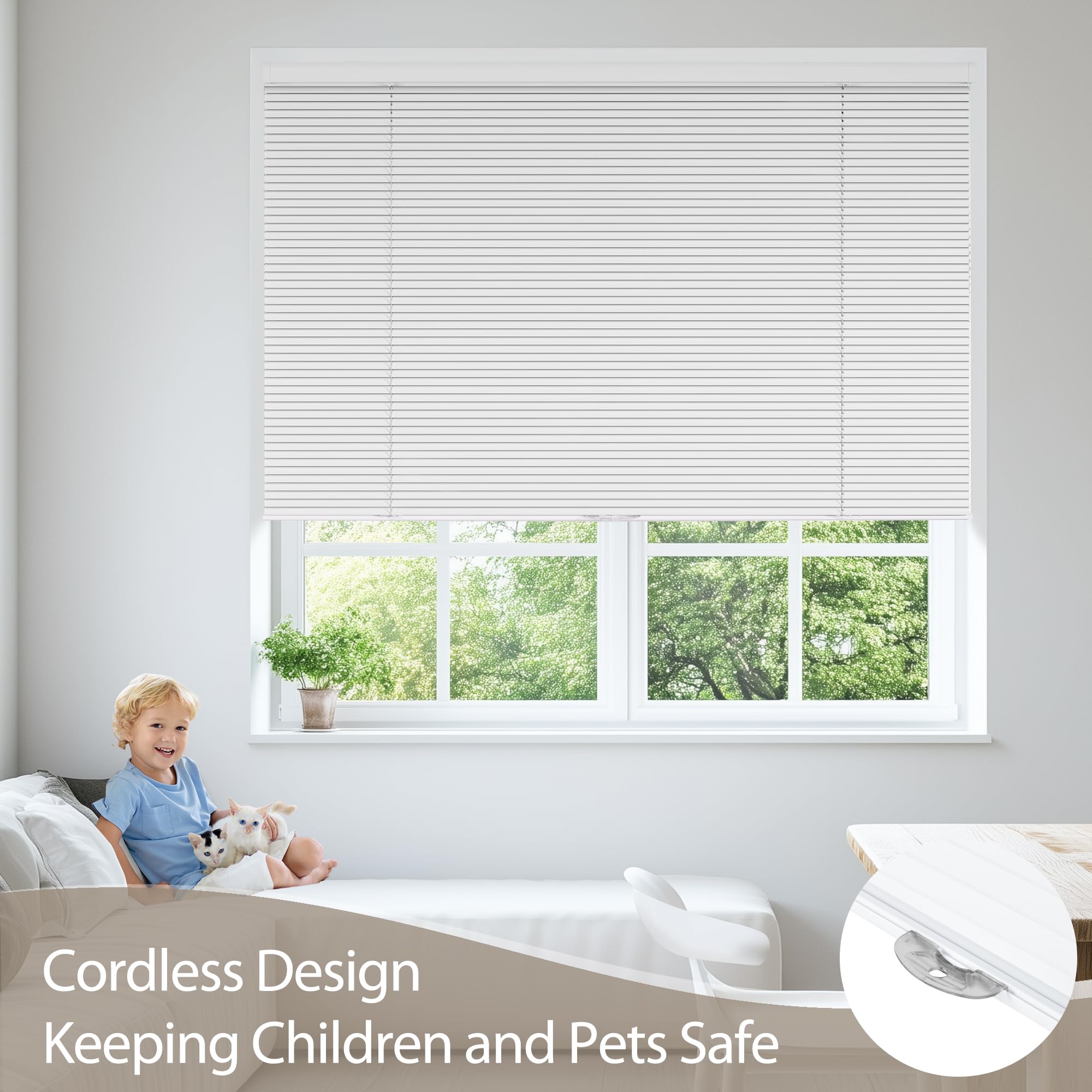 Sulugood Cordless Aluminum Mini Blinds for Windows 1" Room Darkening Metal Horizontal Window Blinds Venetian Light Adjust Custom Window Shades for Home Office Door Custom Size,White