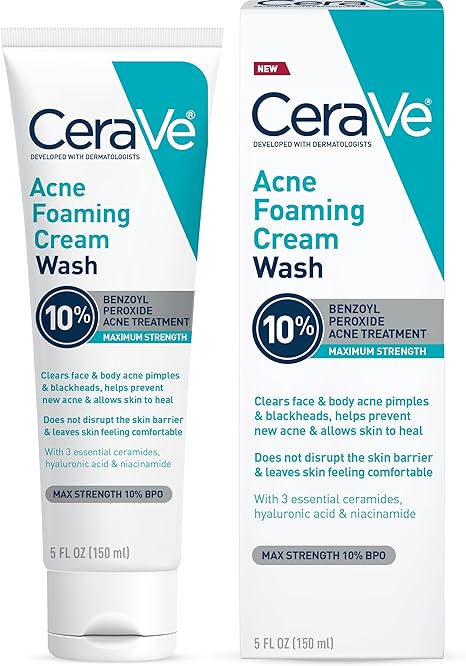 CeraVe Acne Foaming Cream Wash | Gentle Face and Body Acne Cleanser with Benzoyl Peroxide 10%, Hyaluronic Acid, and Niacinamide | Acne Treatment Clears Pimples, Blackheads, Chest and Back Acne | 5 Oz