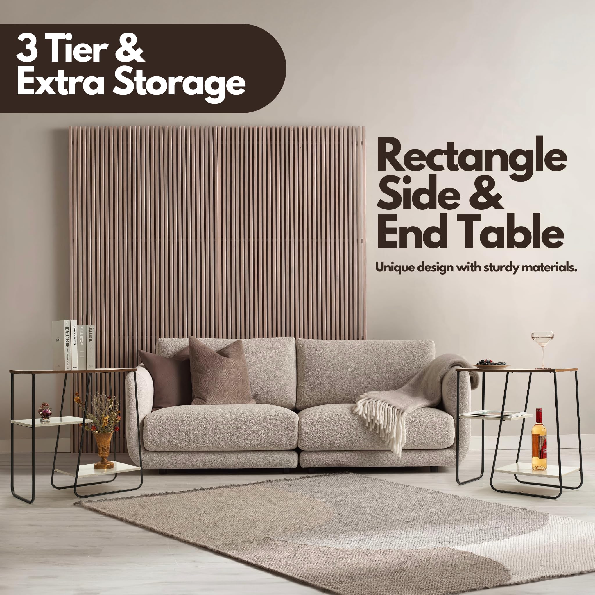 DRASTE Narrow Side Table, Square End Tables Living Room, Modern Wood Nightstand Large Bedside Table, Unique Slim Side Tables Bedroom Furniture, Industrial Dark Brown Skinny End Table for Small Spaces