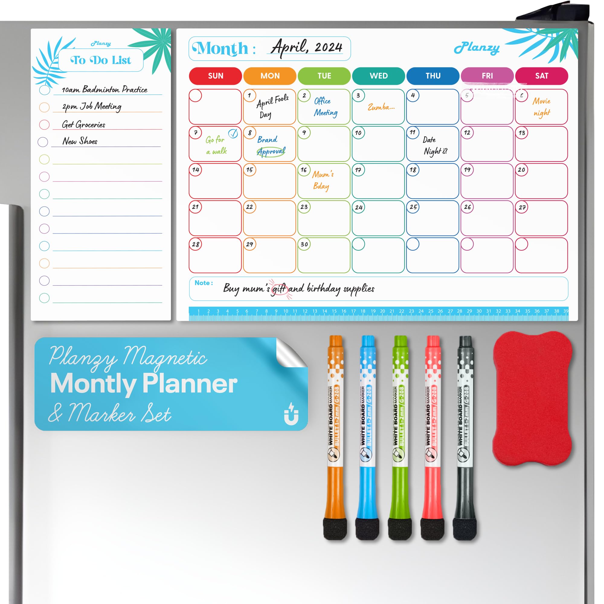 Planzy Magnetic Calendar for Fridge Ã¢â‚¬â€œ Premium 42x32 cm Fridge Calendar Dry Erase with Extra-Thick Magnetic Surface Ã¢â‚¬â€œ 1 Monthly, 1 to Do, 5 Fine Tip Markers & 1 Eraser Included