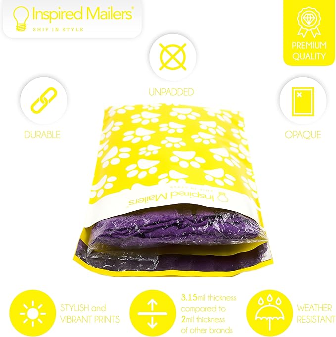 Inspired Mailers 6x9 Poly Mailers - 100 Pack – Adorable Yellow Puppy Paw Print Design – Durable, Cute Shipping Bags for Small Orders, Gifts, Apparel, & More!