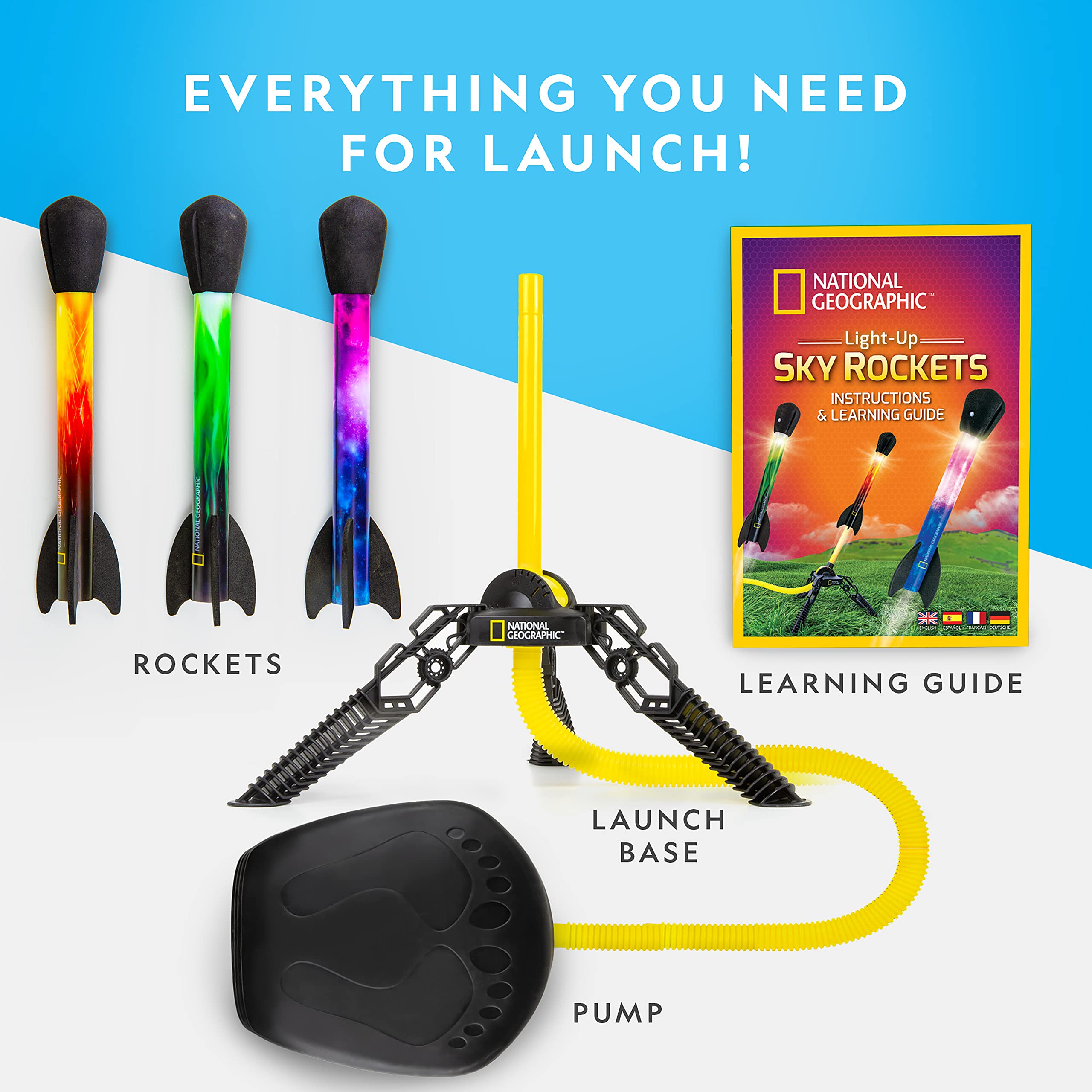 Blue Marble National Geographic Air Rocket Toy – Ultimate LED Rocket Launcher for Kids, Jump and Launch The Light Up, Air Powered, Foam Tipped Rockets up to 100 Feet