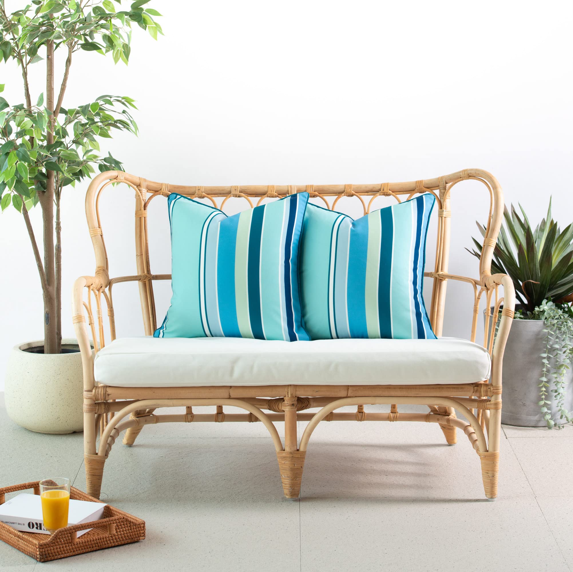 Hofdeco Porch Patio Indoor Outdoor Lumbar Pillow Cover ONLY for Backyard, Couch, Sofa, Aqua Rainbow Stripes, Set of 2