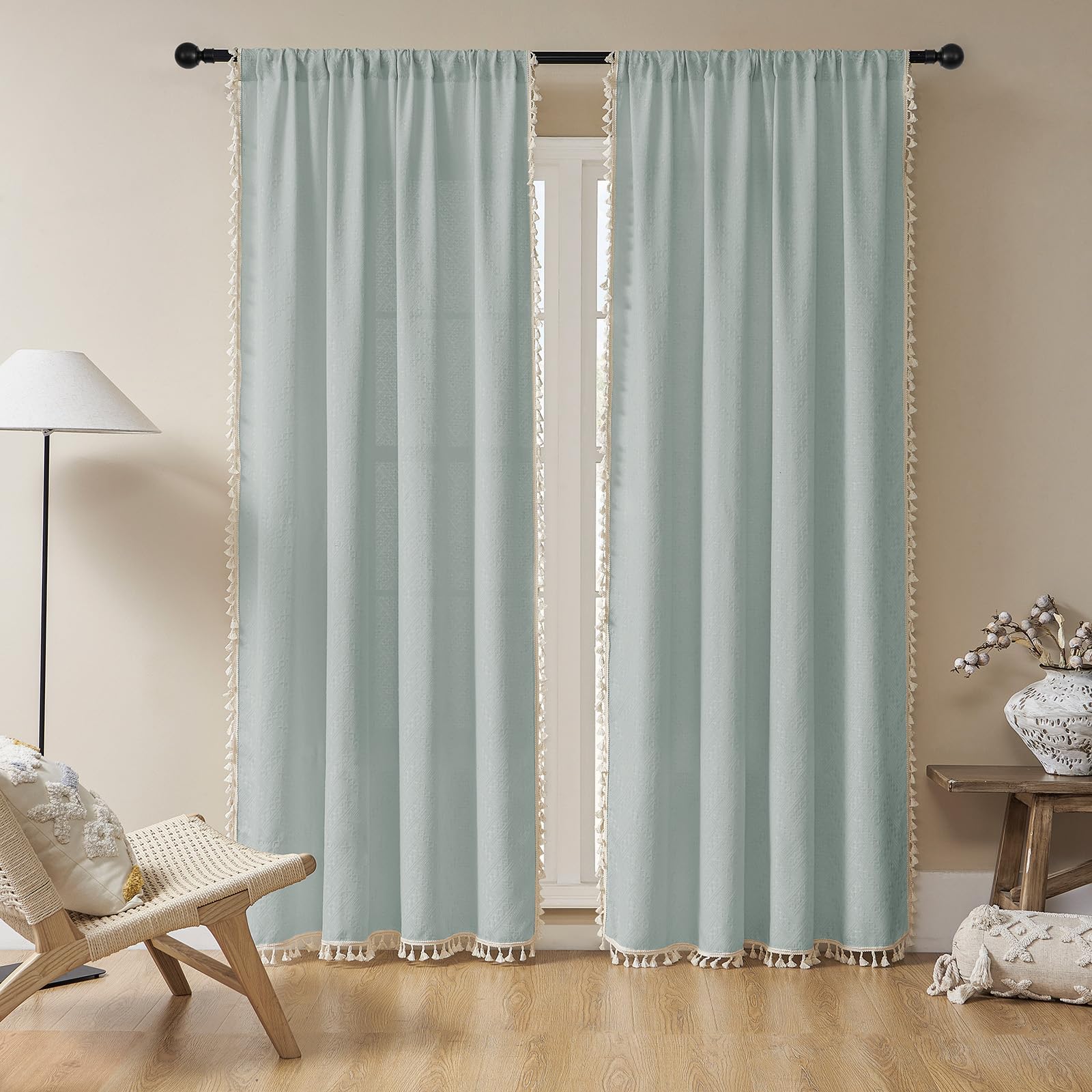 Joydeco Ice Blue Boho Curtains 275cm Curtains 264cm Inches Wide, Bohemian Farmhouse Curtains for Bedroom Living Room, Light Filtering Country Rustic Semi Sheer Curtains Rod Pocket