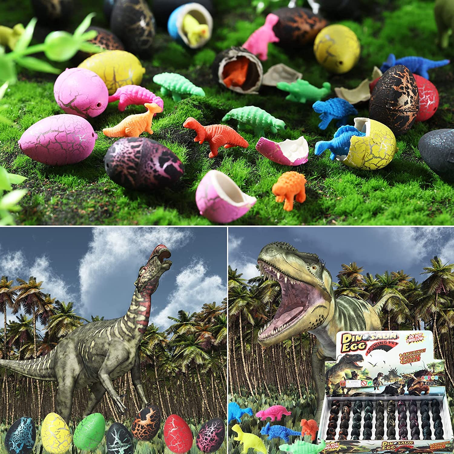 AM ANNA Dinosaur Eggs Toys,60 Pack Easter Dinosaur Eggs Hatching Dino Egg Grow in Water Games Science Kits Crack for Boys Girls with Hunting Game Easter Stuffers Birthday Easter Gifts Party Favor