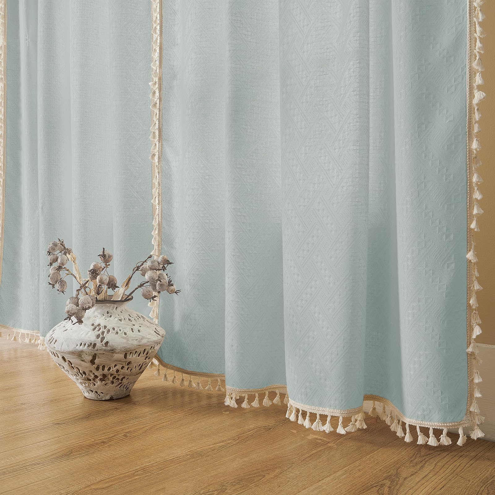ستائر Joydeco Ice Blue Boho مقاس 275 سم وعرض 264 سم، ستائر ريفية بوهيمية لغرفة النوم وغرفة المعيشة، ستائر ريفية شبه شفافة مزودة بجيوب للقضيب لتصفية الضوء