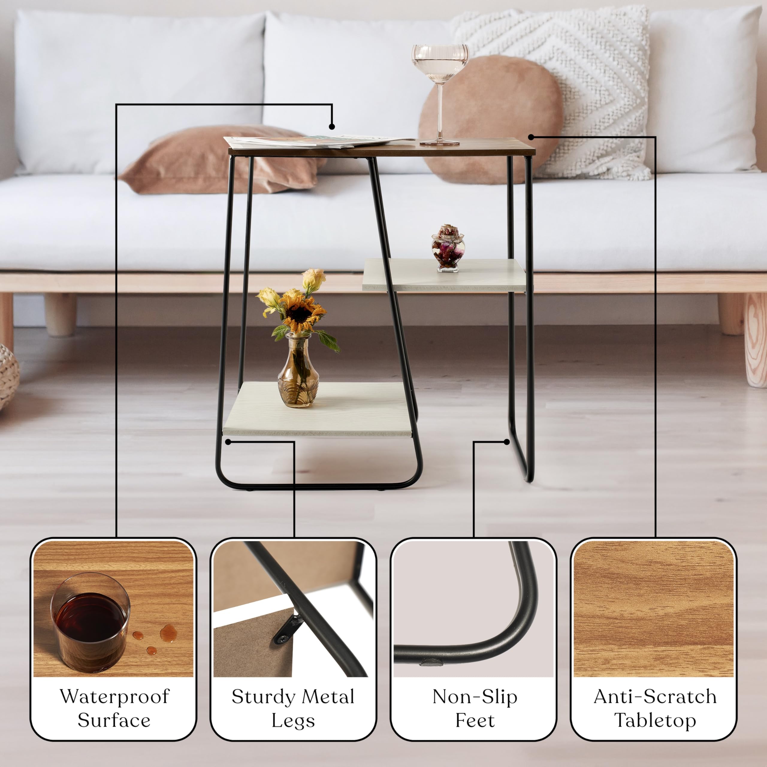 DRASTE Narrow Side Table, Square End Tables Living Room, Modern Wood Nightstand Large Bedside Table, Unique Slim Side Tables Bedroom Furniture, Industrial Dark Brown Skinny End Table for Small Spaces
