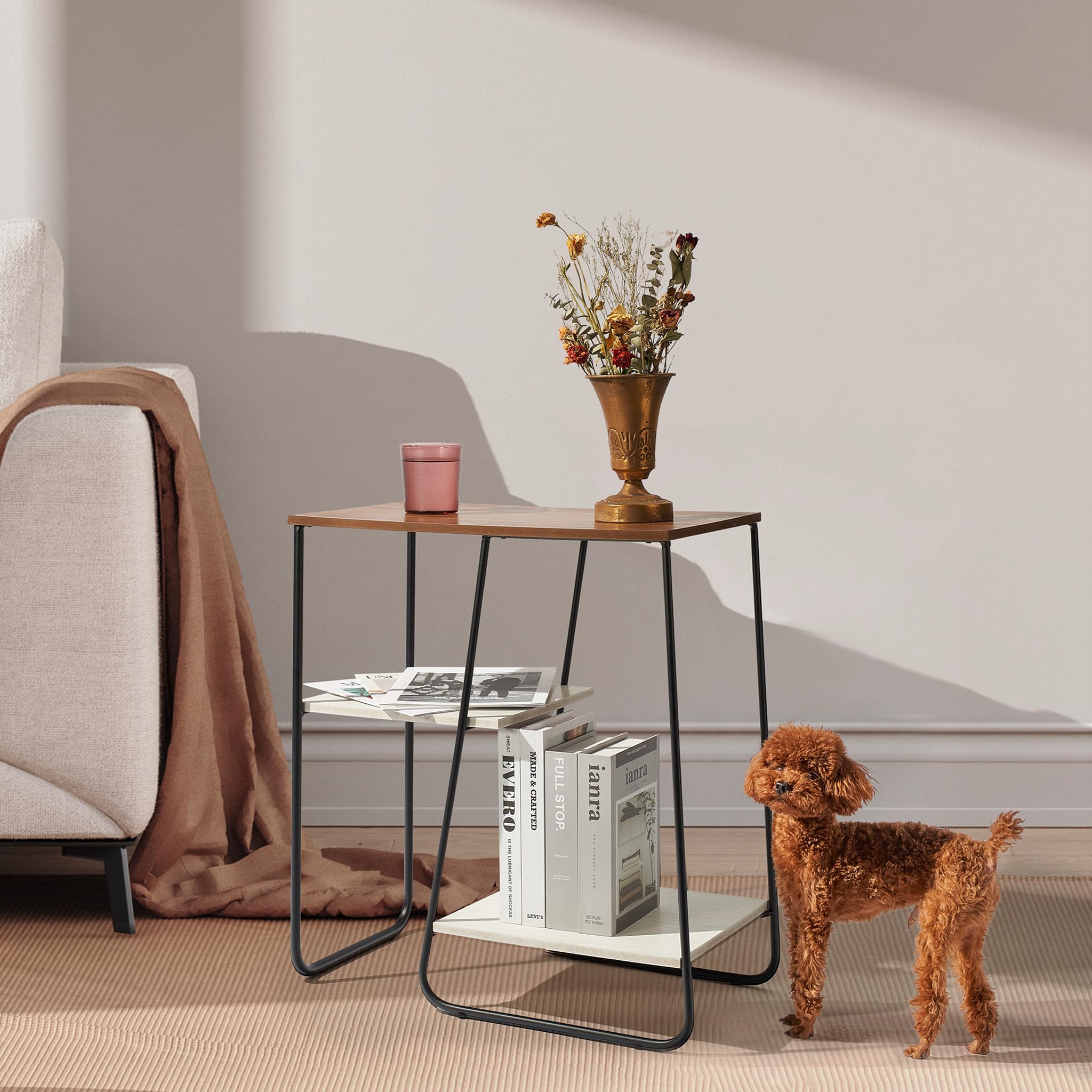 DRASTE Narrow Side Table, Square End Tables Living Room, Modern Wood Nightstand Large Bedside Table, Unique Slim Side Tables Bedroom Furniture, Industrial Dark Brown Skinny End Table for Small Spaces
