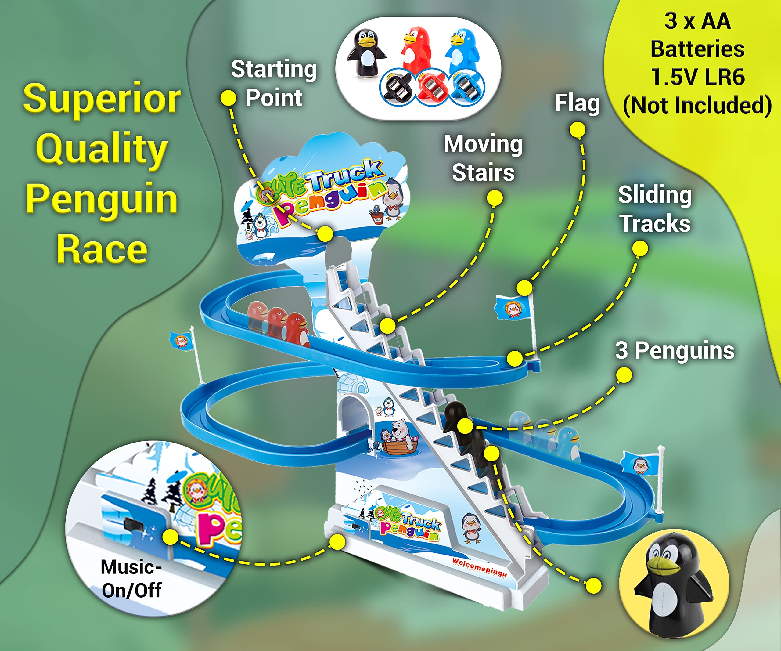 Boley Penguin Race Game Toy Playful Musical Roller Coaster Track Playset with Music & LED Flashing Lights On/Off Button for Toddlers and Kids Gift