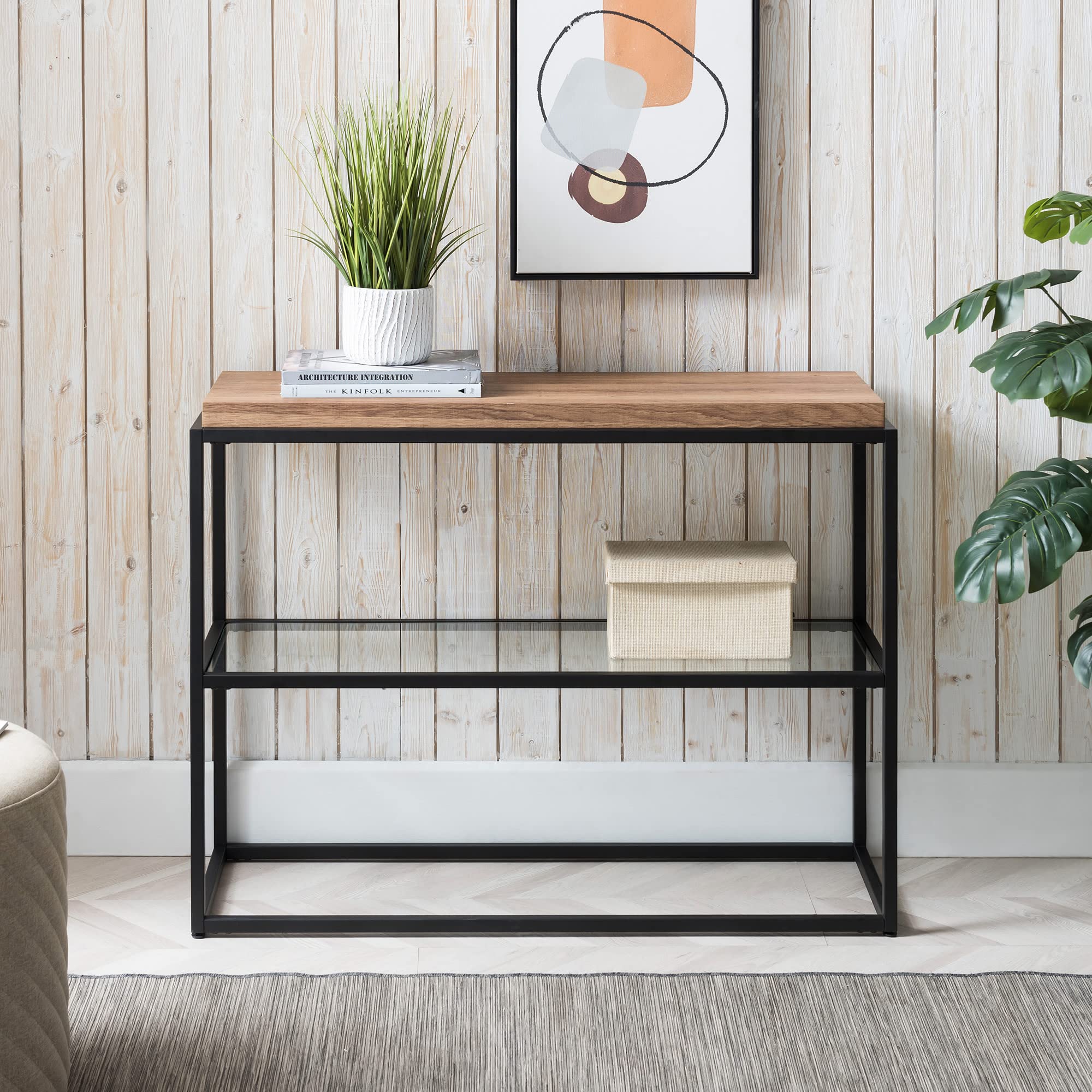 Henn&Hart Blackened Bronze and Rustic Oak Accent Console Table, 42", Black
