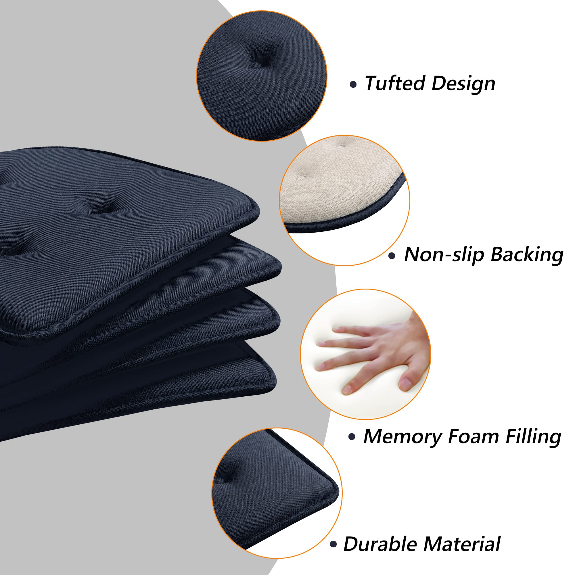 LOVTEX Chair Cushions for Dining Chairs 3 Pack, Non Slip Seat Cushions for Kitchen Chairs, Navy 17 x 16 Tufted Memory Foam Kitchen Chair Cushions Set of 6