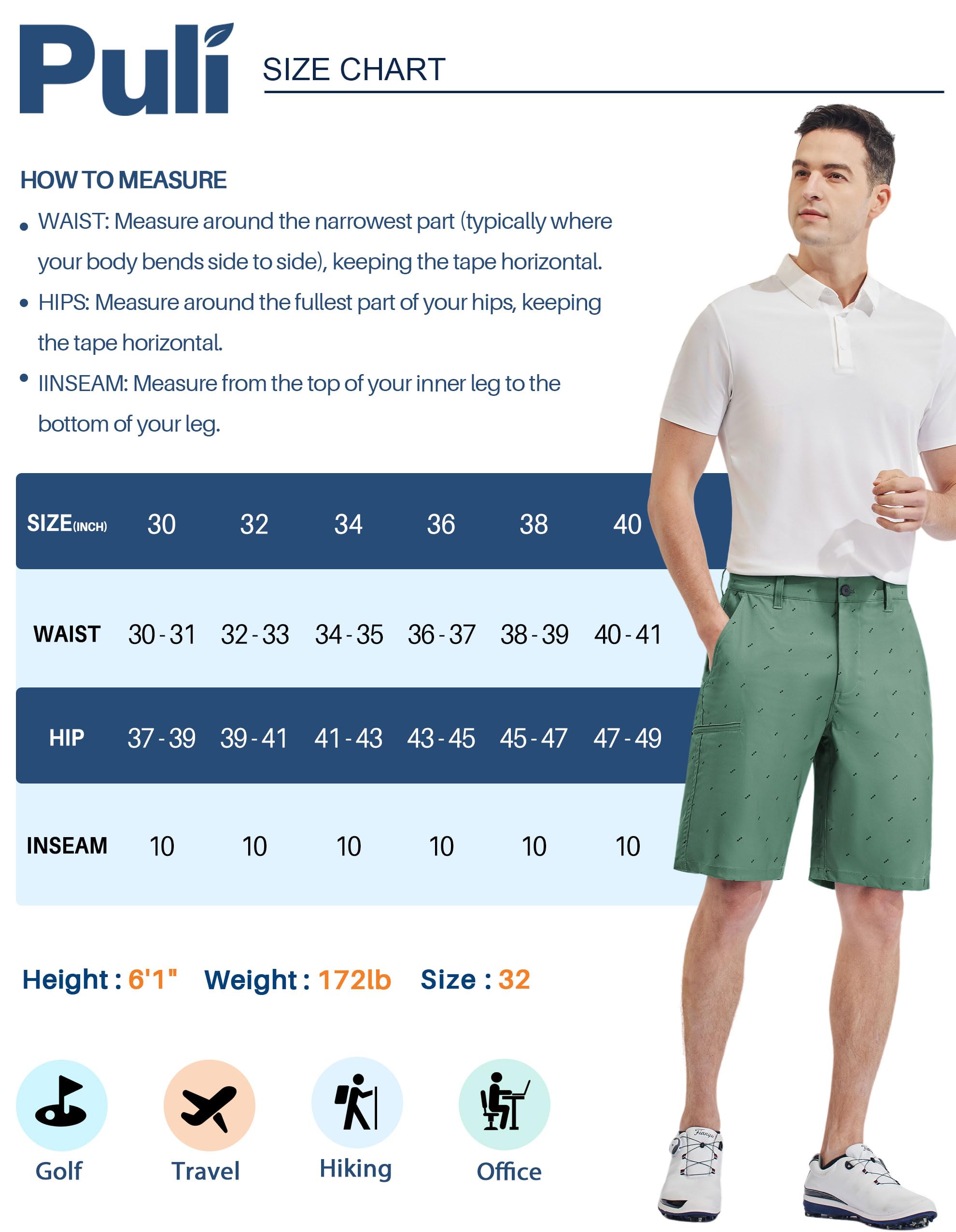 SIZE: 34 - PULI Men's Board Shorts Stretch Casual Golf Hybrid Dress Flat Front Lightweight Quick Dry with Pockets Grey 34