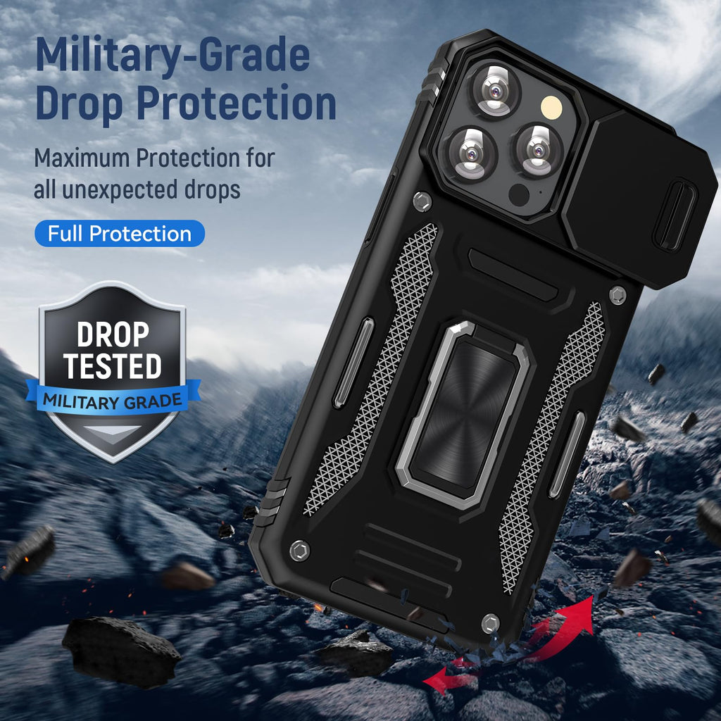 UKLCCU Case for iPhone 15 Pro Phone Case iPhone 15 Pro Case for Men Heavy Duty Armor Case with Slide Camera Cover, with Kickstand and Ring for iPhone 15 Pro - Black