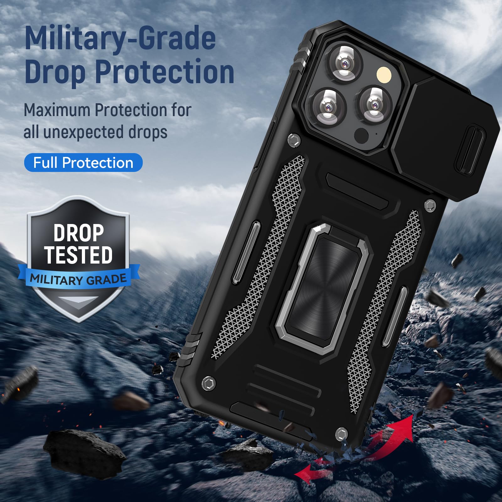 UKLCCU Case for iPhone 15 Pro Phone Case iPhone 15 Pro Case for Men Heavy Duty Armor Case with Slide Camera Cover, with Kickstand and Ring for iPhone 15 Pro - Black