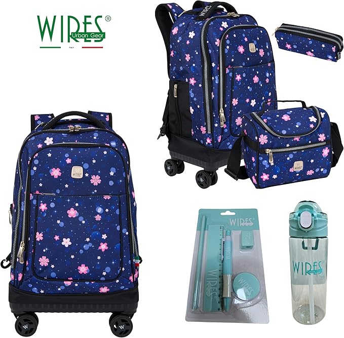 Wires Trolley backpack 5 Pcs Set Includes Pencil case, Lunch bag and rolling backpack, Trolley School Bag All in one set, Laptop Compartment, Anti Theft Zipper W24567