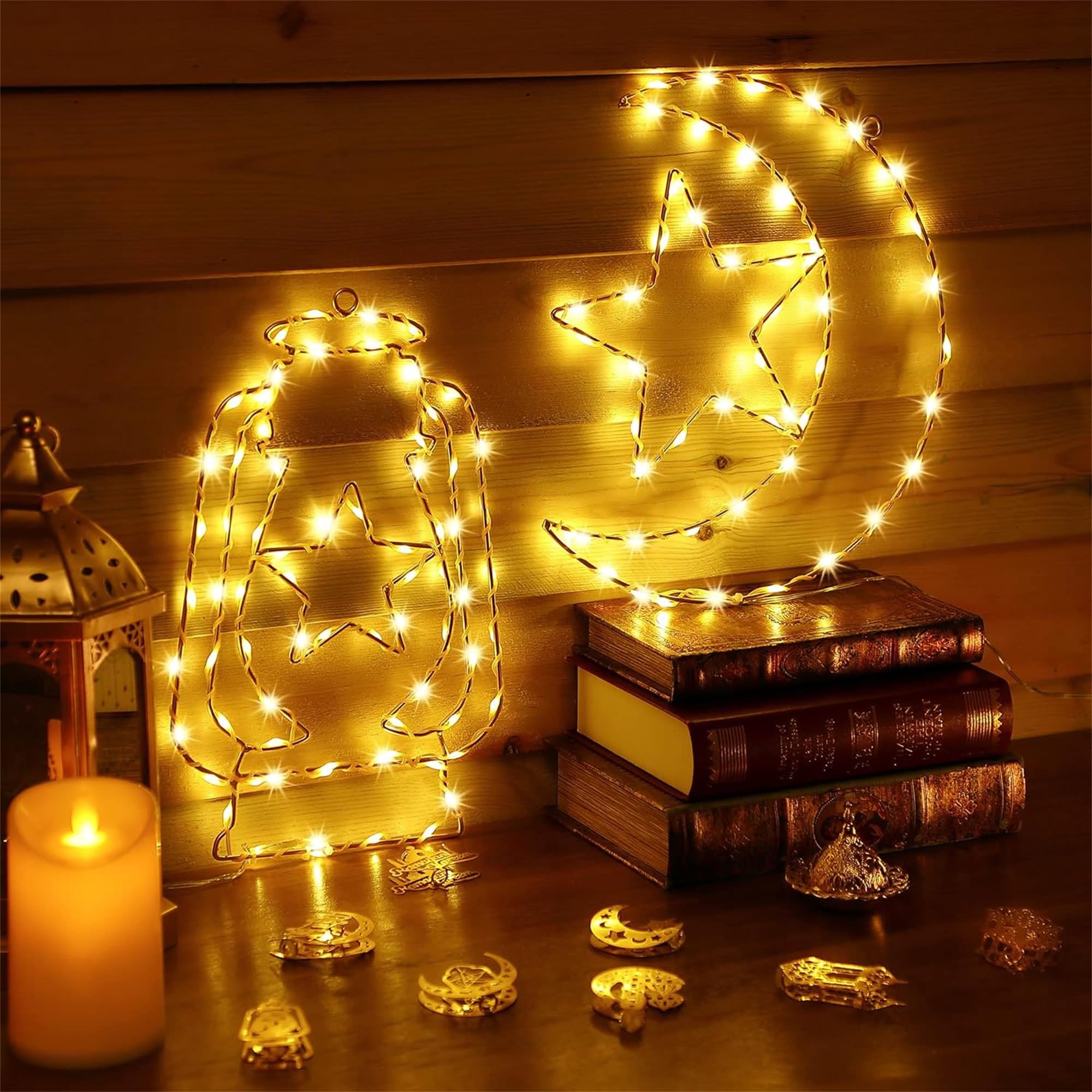 Enhon 2 Pcs Ramadan Mubarak Decorations Window Light, 8 Light Modes Warm White Eid Mubarak Silhouette Light Battery Operated, Islamic Muslim Decor for Window Door Wall (Star Moon and Candle Lantern)