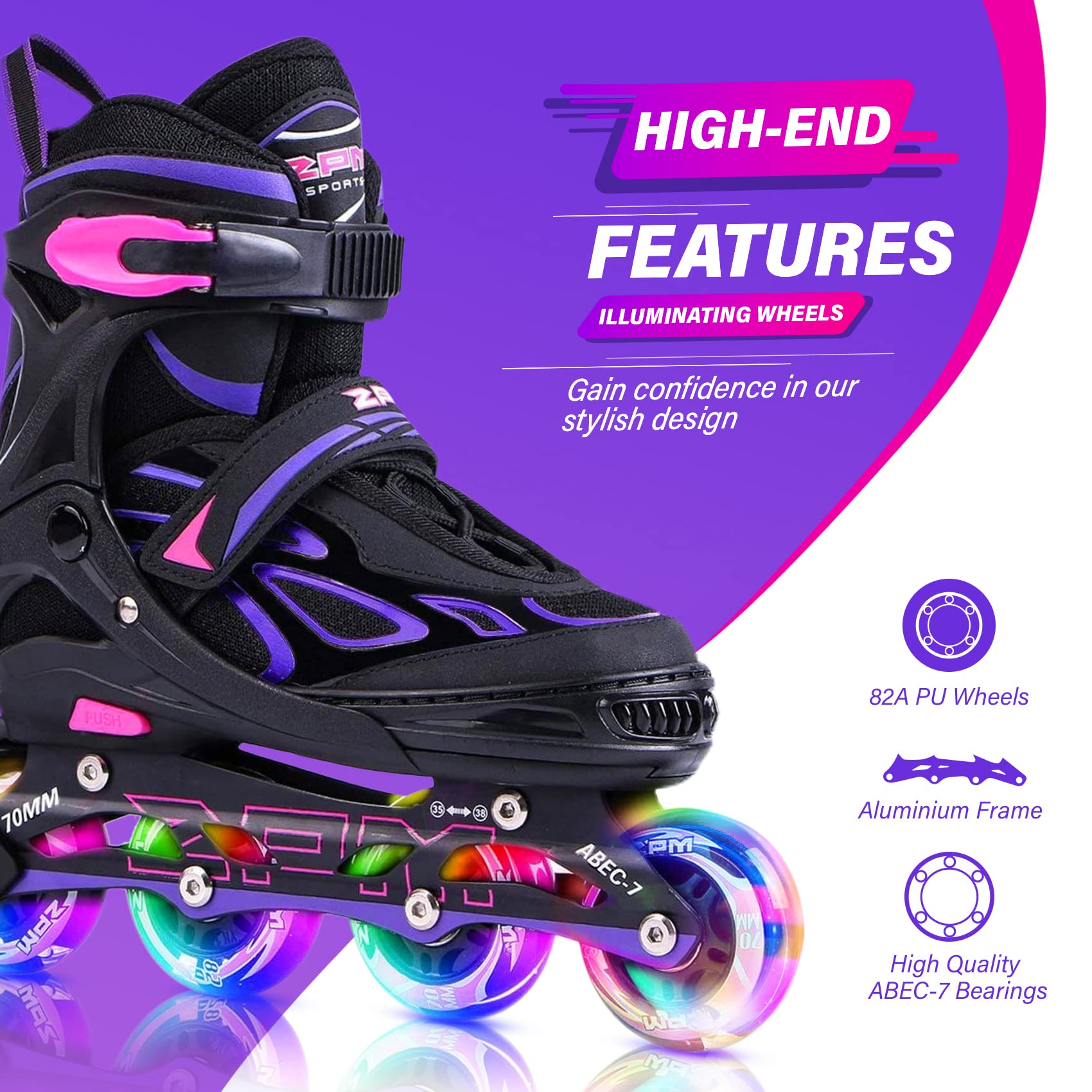 Size: 42-44.5 - 2PM SPORTS Vinal Inline Skates for Women with Light Up Wheels Beginner Skates Fun Illuminating Outdoor Roller Skates for Kids and Adults Men - Vinal Extra Large
