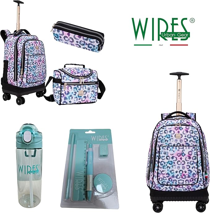 Wires Trolley backpack 5 Pcs Set Includes Pencil case, Lunch bag and rolling backpack, Trolley School Bag All in one set, Laptop Compartment, Anti Theft Zipper W24562