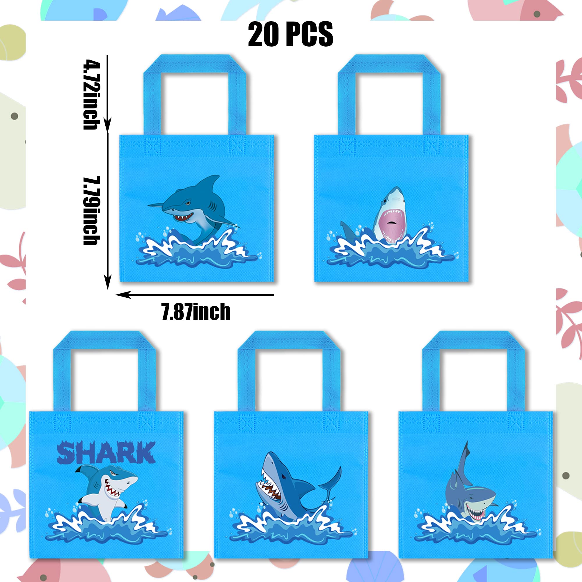 BANBALLON 20 PCS Shark Party Favor Bags, 5 Different Design Shark Non-Woven Bags for Baby Shower Kids Adults Birthday Party Shark Theme Party Supplies