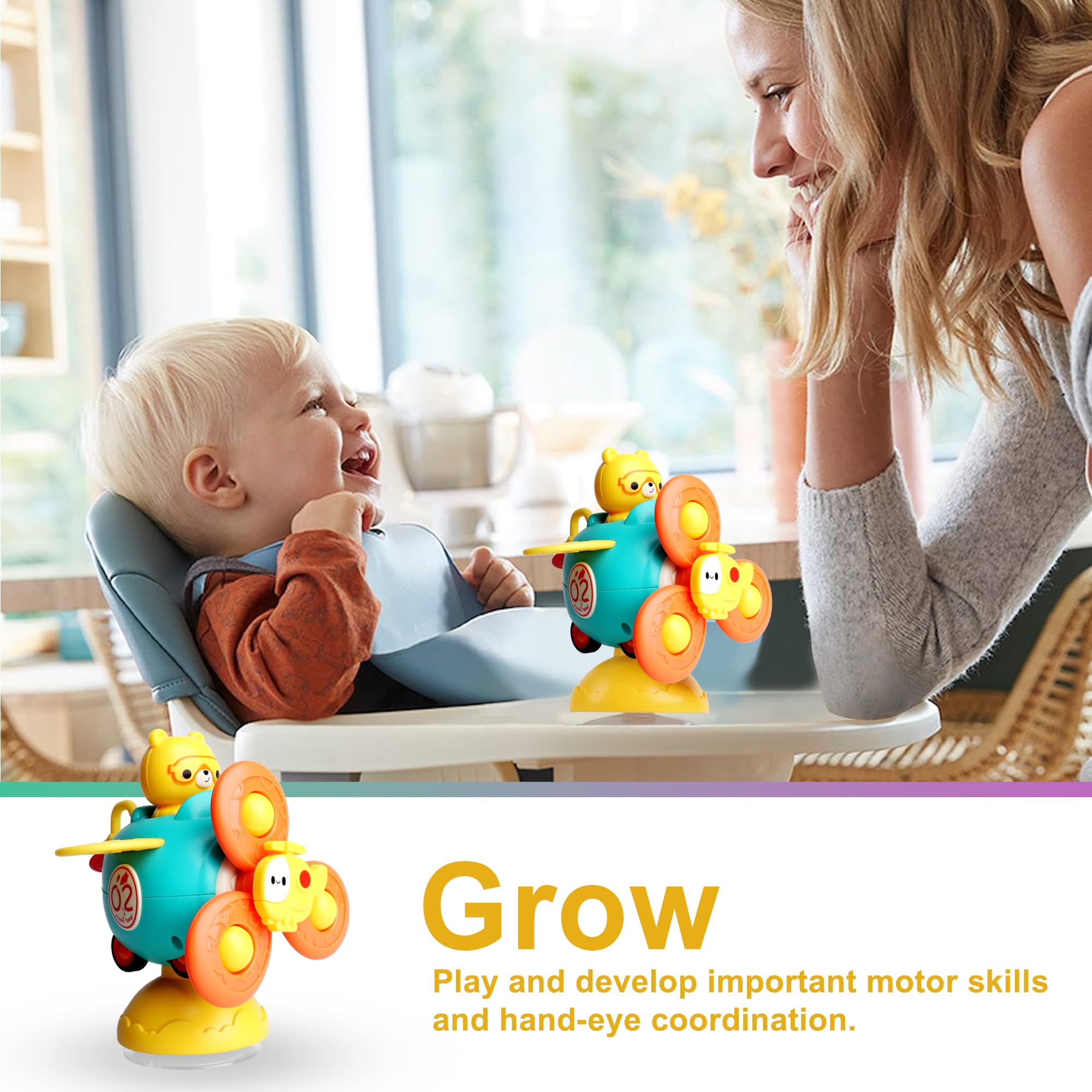 Dowellin 3-in-1 Spinner Toys High Chair Toy Table Toys for Kids, Car Toys and Helicopter Push Pull Toys Sucker Suction Toys for Child, Spinner Bath Toys for Baby Toddlers Infant 1 2 3 Years