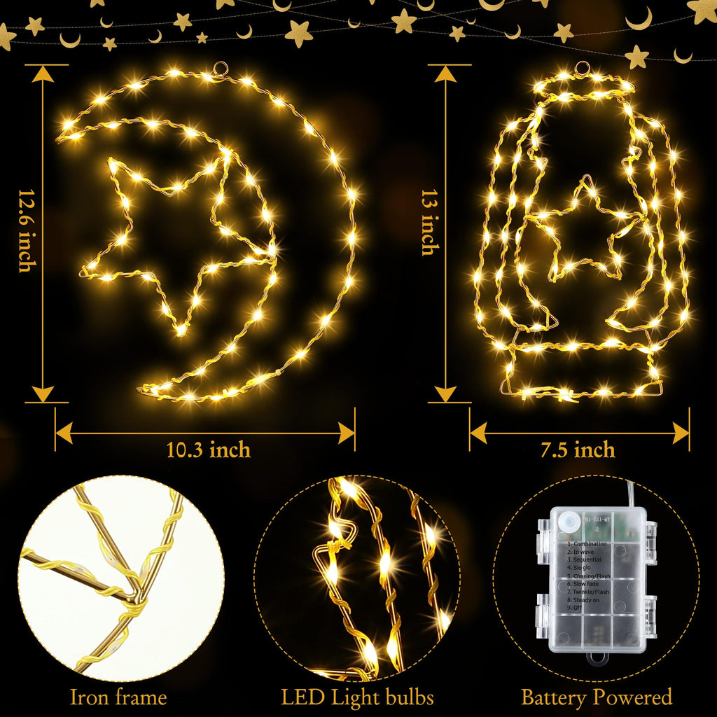 Enhon 2 Pcs Ramadan Mubarak Decorations Window Light, 8 Light Modes Warm White Eid Mubarak Silhouette Light Battery Operated, Islamic Muslim Decor for Window Door Wall (Star Moon and Candle Lantern)