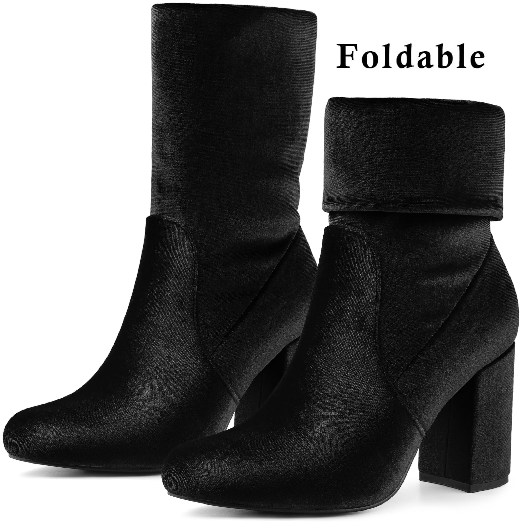SIZE: 39 - Allegra K Women's Velvet Sock Boot Round Toe Block Heels Foldable Black Mid Calf Boots