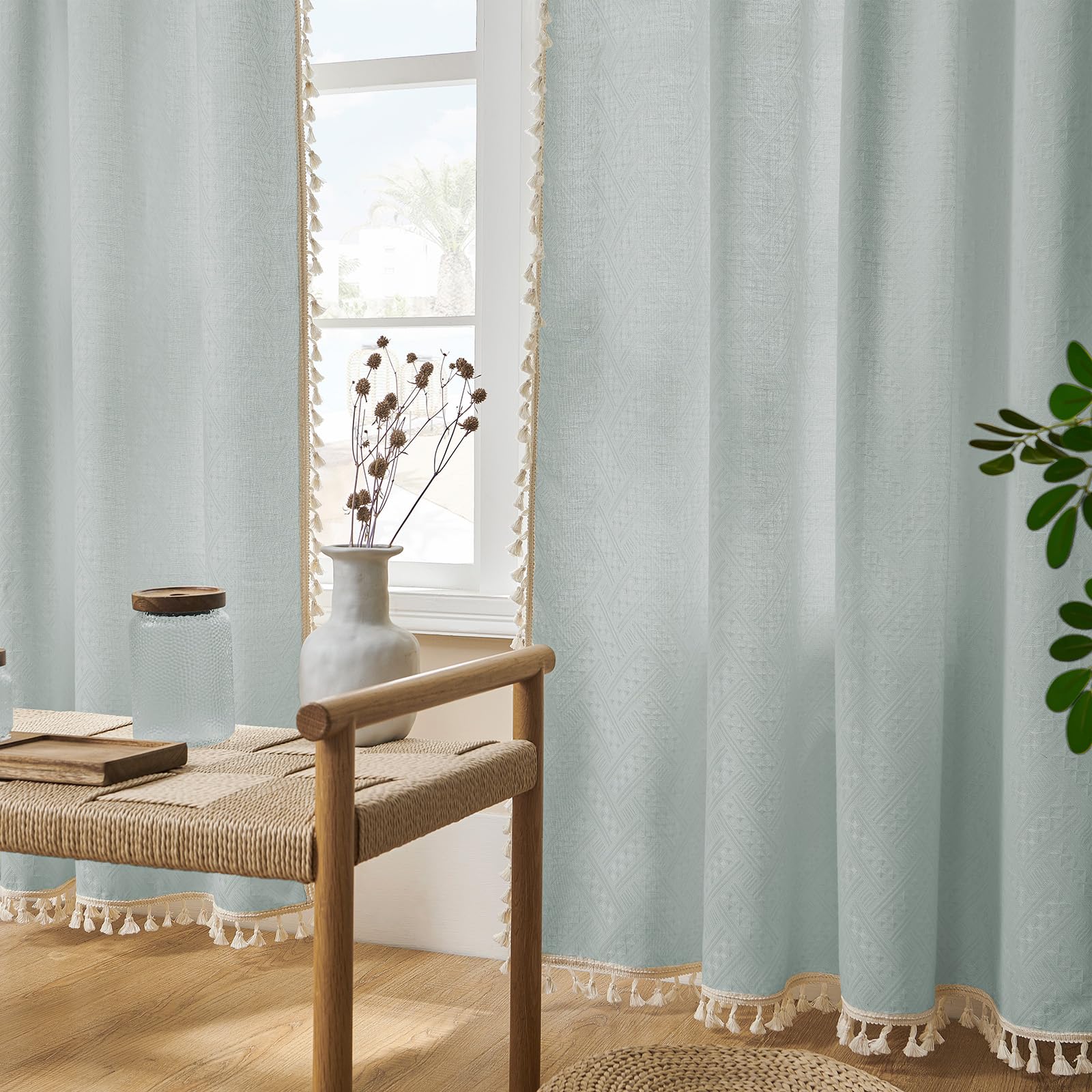 ستائر Joydeco Ice Blue Boho مقاس 275 سم وعرض 264 سم، ستائر ريفية بوهيمية لغرفة النوم وغرفة المعيشة، ستائر ريفية شبه شفافة مزودة بجيوب للقضيب لتصفية الضوء