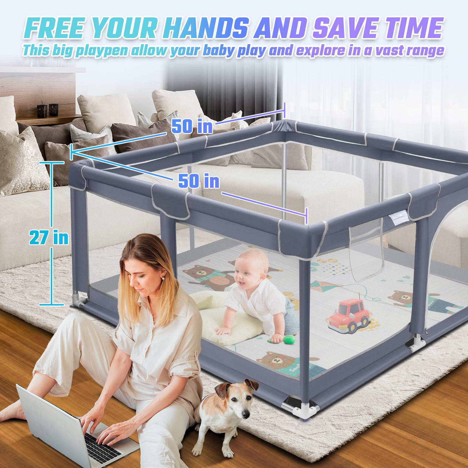 Suposeu Baby Playpen with Mat, Playpen for Babies and Toddlers with Gate, Indoor & Outdoor Playard Kids Activity Center with Anti-Slip Base (Gray, 50"Ãƒâ€”50")