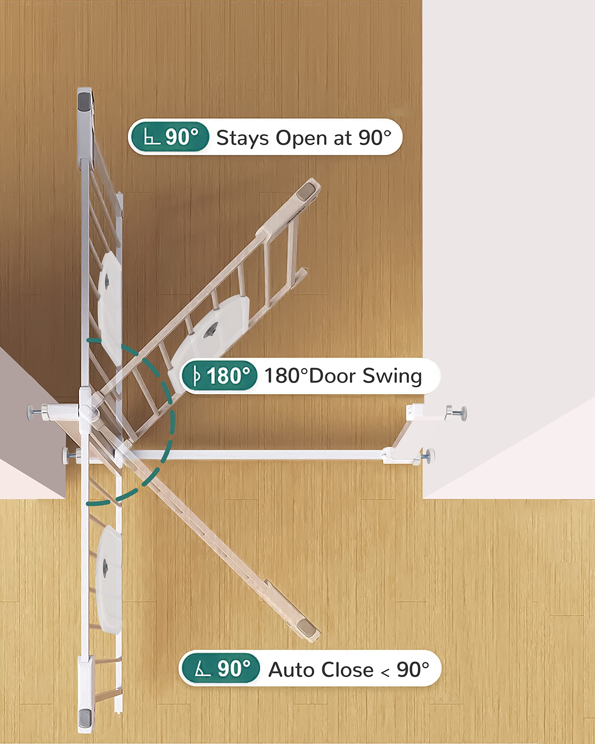 Newnice 26-29'' Narrow Baby Gate with Cat Door, Auto Close & Easy Walk Thru Dog Pet Gates for Stairs, Doorway, House, Pressure Mounted Safety Child Gate Includes 4 Wall Cups, White