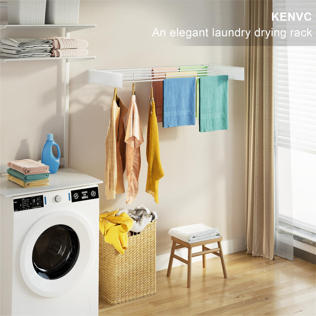 Laundry Drying Rack Collapsible, Wall Mounted, Clothes Drying Rack, 31.4" Wide, 13.2 Linear Ft, 5 Aluminum Rods, 60 lb Capacity, with Wall Template, Screwdriver Bit, Drill Bit (White 31.4" Medium)
