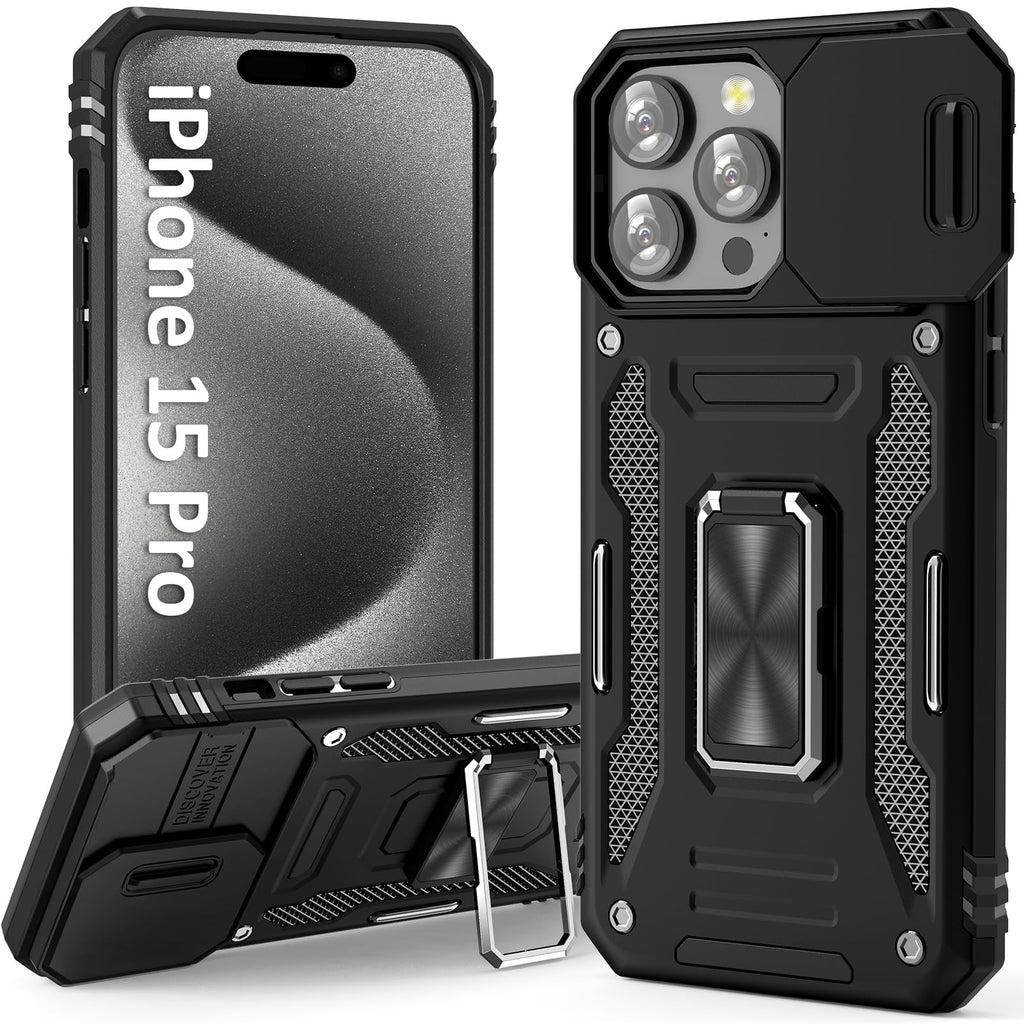 UKLCCU Case for iPhone 15 Pro Phone Case iPhone 15 Pro Case for Men Heavy Duty Armor Case with Slide Camera Cover, with Kickstand and Ring for iPhone 15 Pro - Black