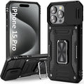 UKLCCU Case for iPhone 15 Pro Phone Case iPhone 15 Pro Case for Men Heavy Duty Armor Case with Slide Camera Cover, with Kickstand and Ring for iPhone 15 Pro - Black