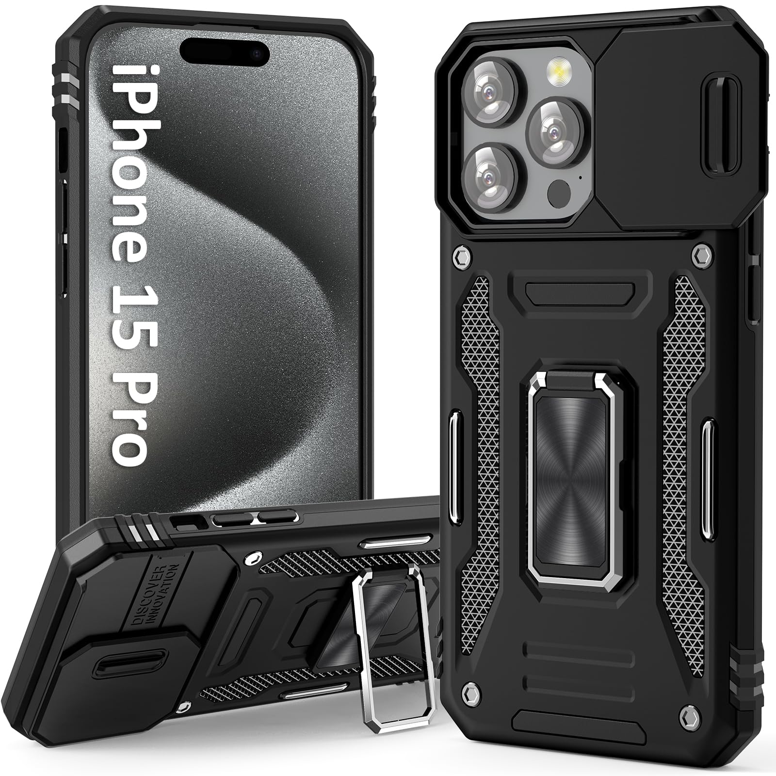 UKLCCU Case for iPhone 15 Pro Phone Case iPhone 15 Pro Case for Men Heavy Duty Armor Case with Slide Camera Cover, with Kickstand and Ring for iPhone 15 Pro - Black