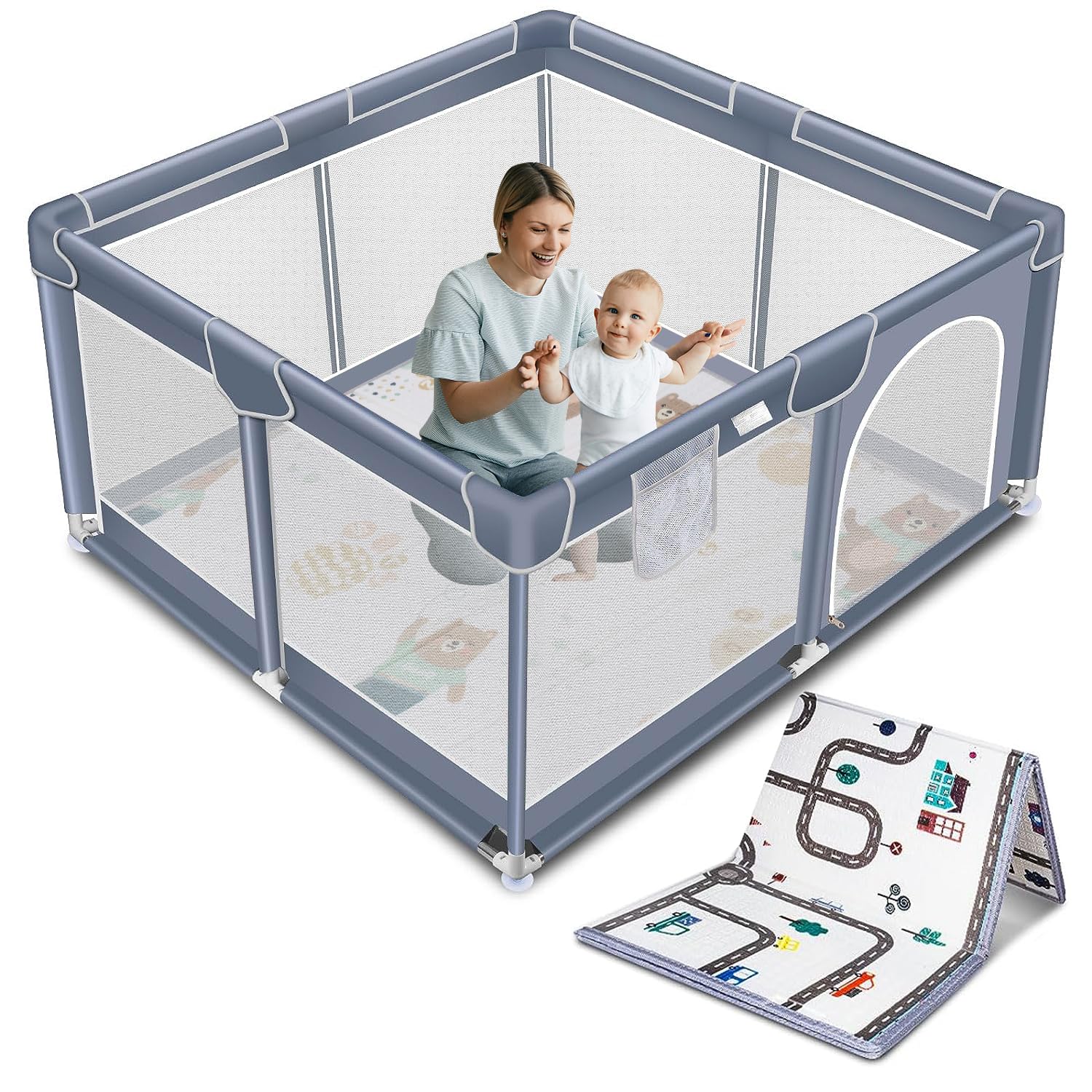 Suposeu Baby Playpen with Mat, Playpen for Babies and Toddlers with Gate, Indoor & Outdoor Playard Kids Activity Center with Anti-Slip Base (Gray, 50"Ãƒâ€”50")