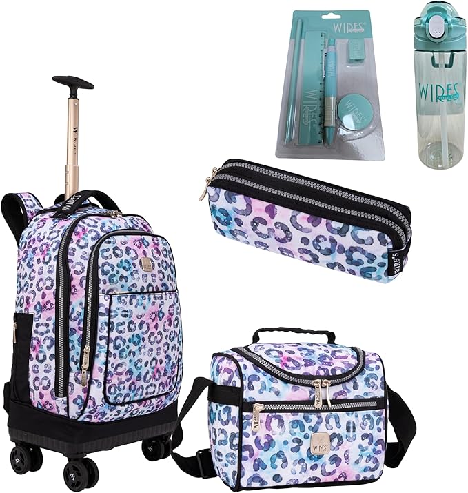 Wires Trolley backpack 5 Pcs Set Includes Pencil case, Lunch bag and rolling backpack, Trolley School Bag All in one set, Laptop Compartment, Anti Theft Zipper W24562