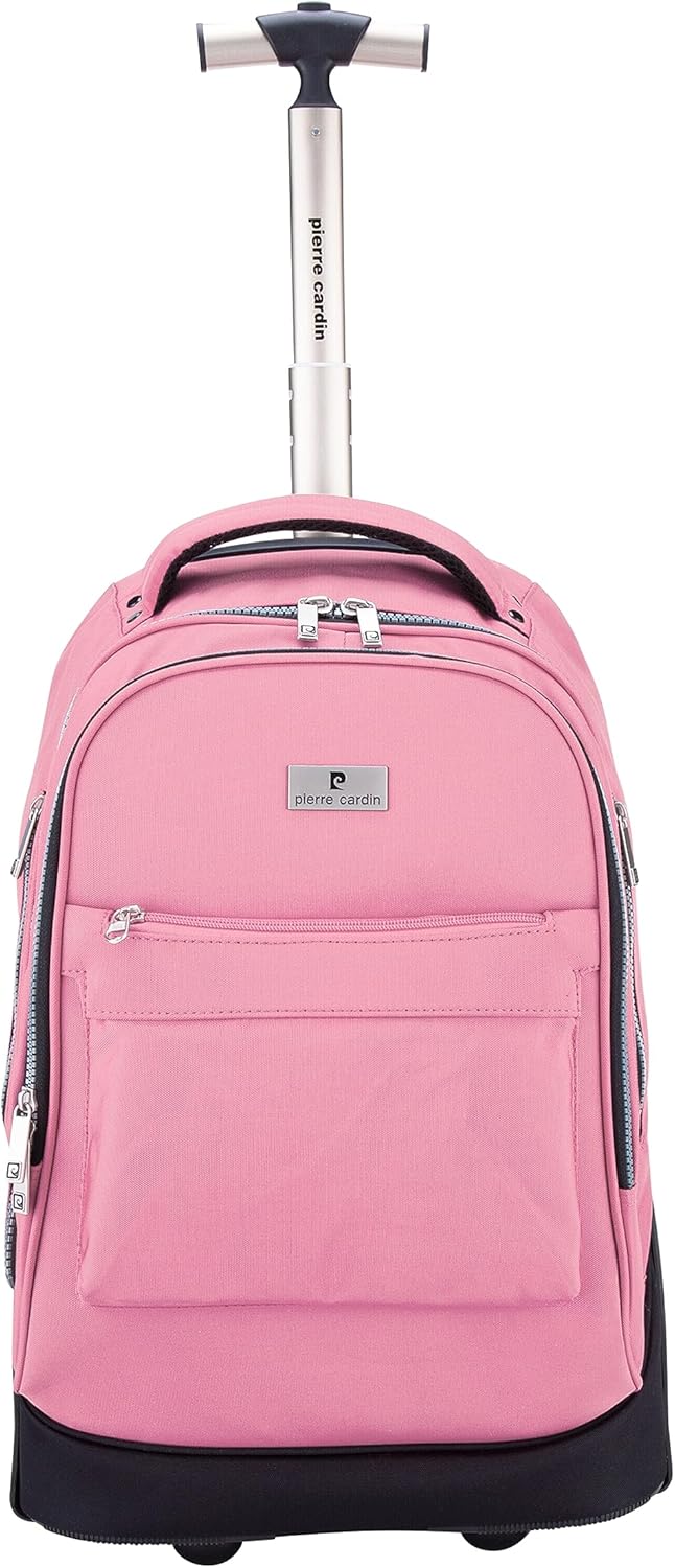 Pierre Cardin Trolley backpack School bag 3 PCS set All in One 2 BIG WHEEL Rolling Backpack Pencil case, Lunch bag and trolley backpack UNISEX PC87067-Pink